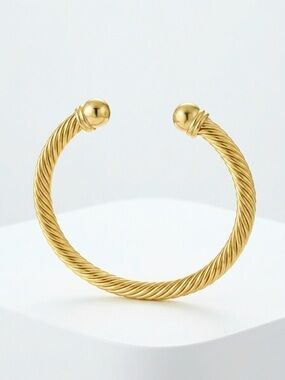 14K Gold Plated Twisted Cable Cuff Bangle Bracelet Water Resistant Jewelry
